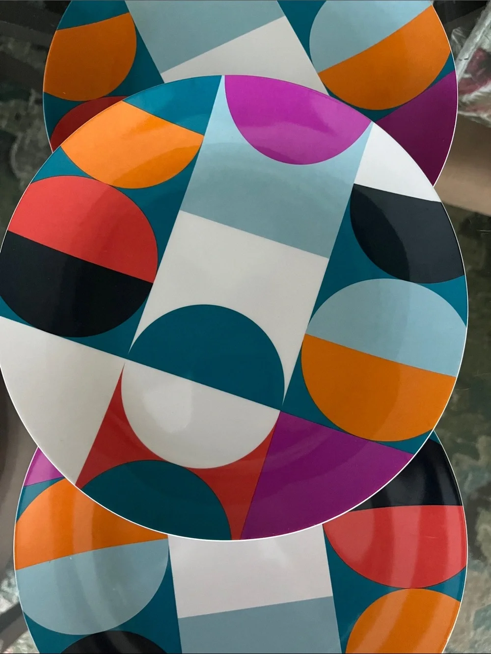 8 Crate & Barrel Ollie melamine salad plates geometric multi pattern MCM  8.5”